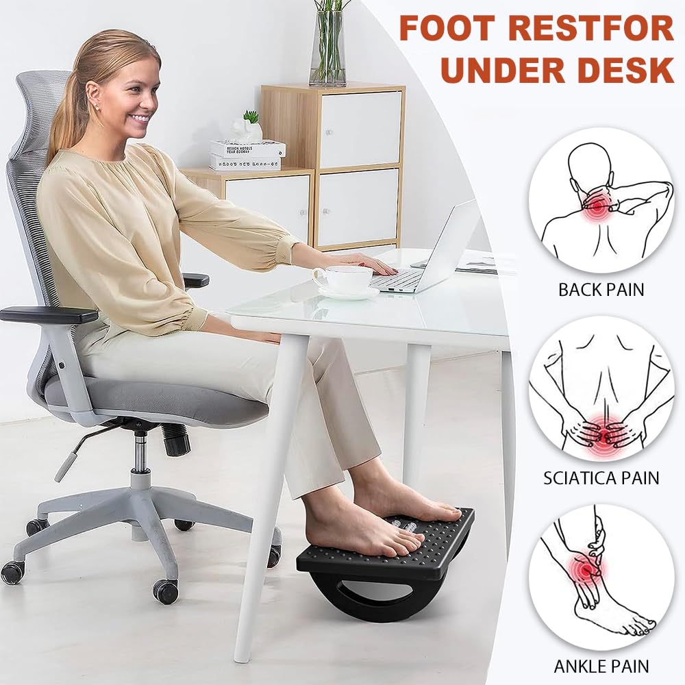 Lighterday Ergonomic Foot Stool - Adjustable Under Desk Foot Rest with Roller Massage Black