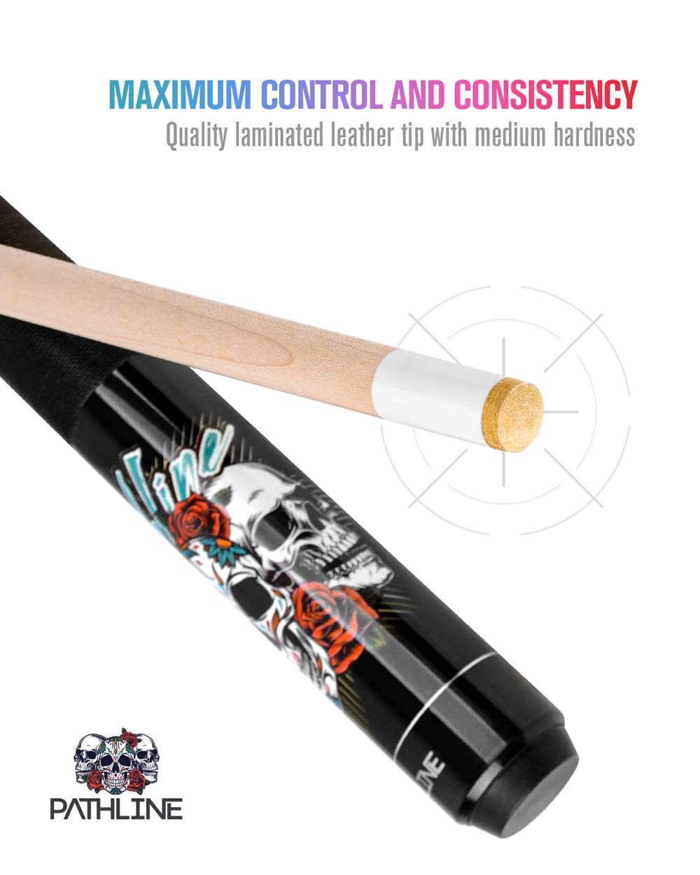 Pathline PL518 Pool Cue Stick - 58" Canadian Maple 13mm Tip Billiard Pool Stick(Black/Skull - 19oz)