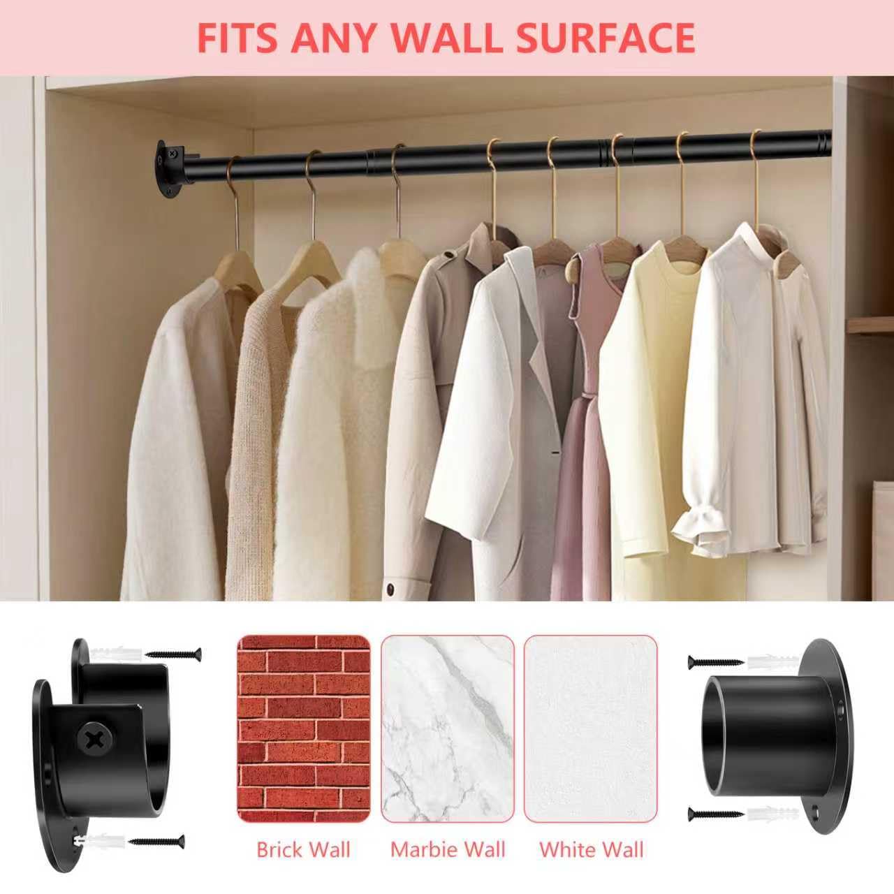 Extendable Wardrobe Pole Black 43-107cm Wardrobe Rails and Fittings 33mm Tube Diameter Stainless Steel Pole for Wardrobe with Screws and Fixing