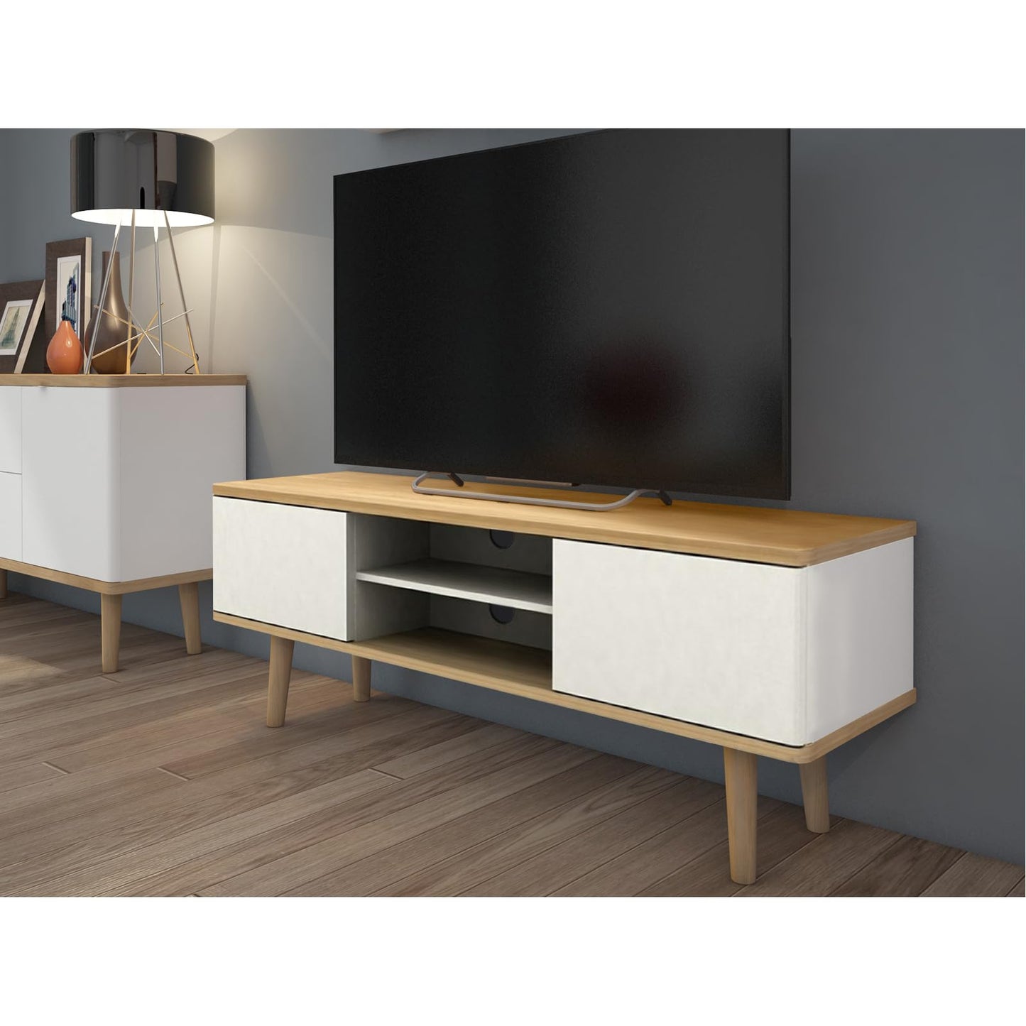LOFT24 Alandra TV Stand in Oak White, 39x140x52cm (DxWxH)
