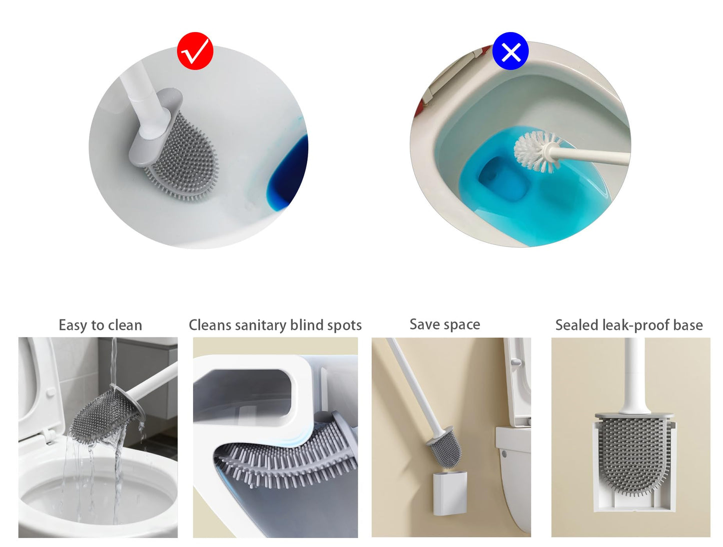 Silicone Toilet Brush with Quick Drying Holder - Flat Silicone Toilet Brush, Flexible Deep Clean Head