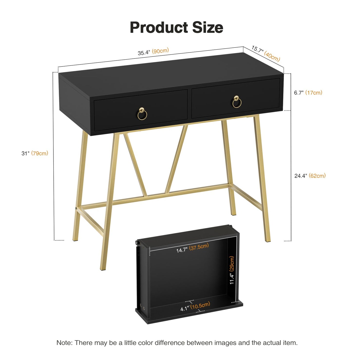 Yvsevnr Wooden Computer Desk Black Writing Desk with 2 Drawers Vanity Dressing Table without Mirror