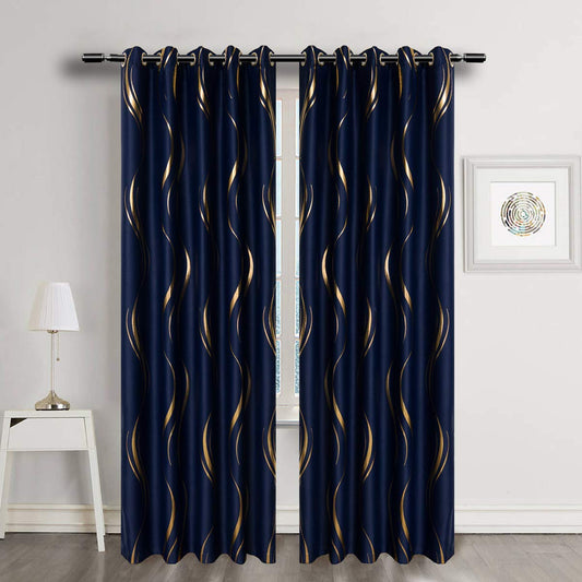 MYRU 2 Panels Set Luxury Striped Blackout Curtains for Bedroom Living Room (Navy and Gold, 2 x 66x84 Inch)