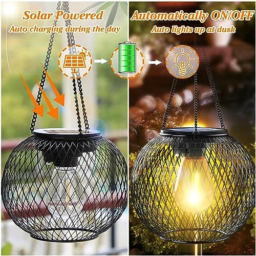 Ortiny Garden Ornaments Outdoor, 4 Pack Solar Lanterns for The Garden Lights Solar Powered Metal Retro IP65 Waterproof Auto On Off Solar Lantern Decorations for Patio Lawn Table Fence Warmwhite