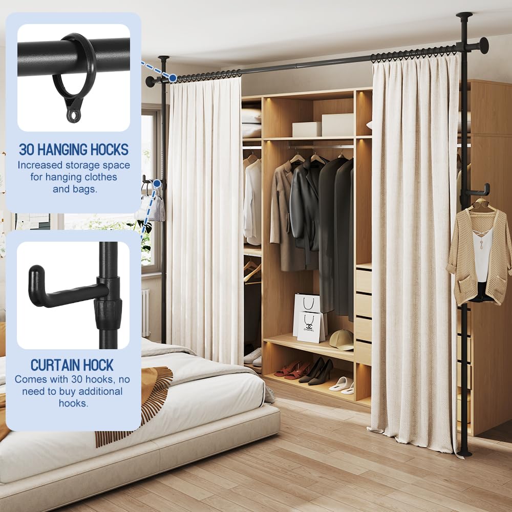 KELIXU Room Divider Curtain Rod No Drilling, 4-10ft (W) x 4-10ft (H) Room Partition with Hanging Hooks, Floor to Ceiling Divider for Room Separation