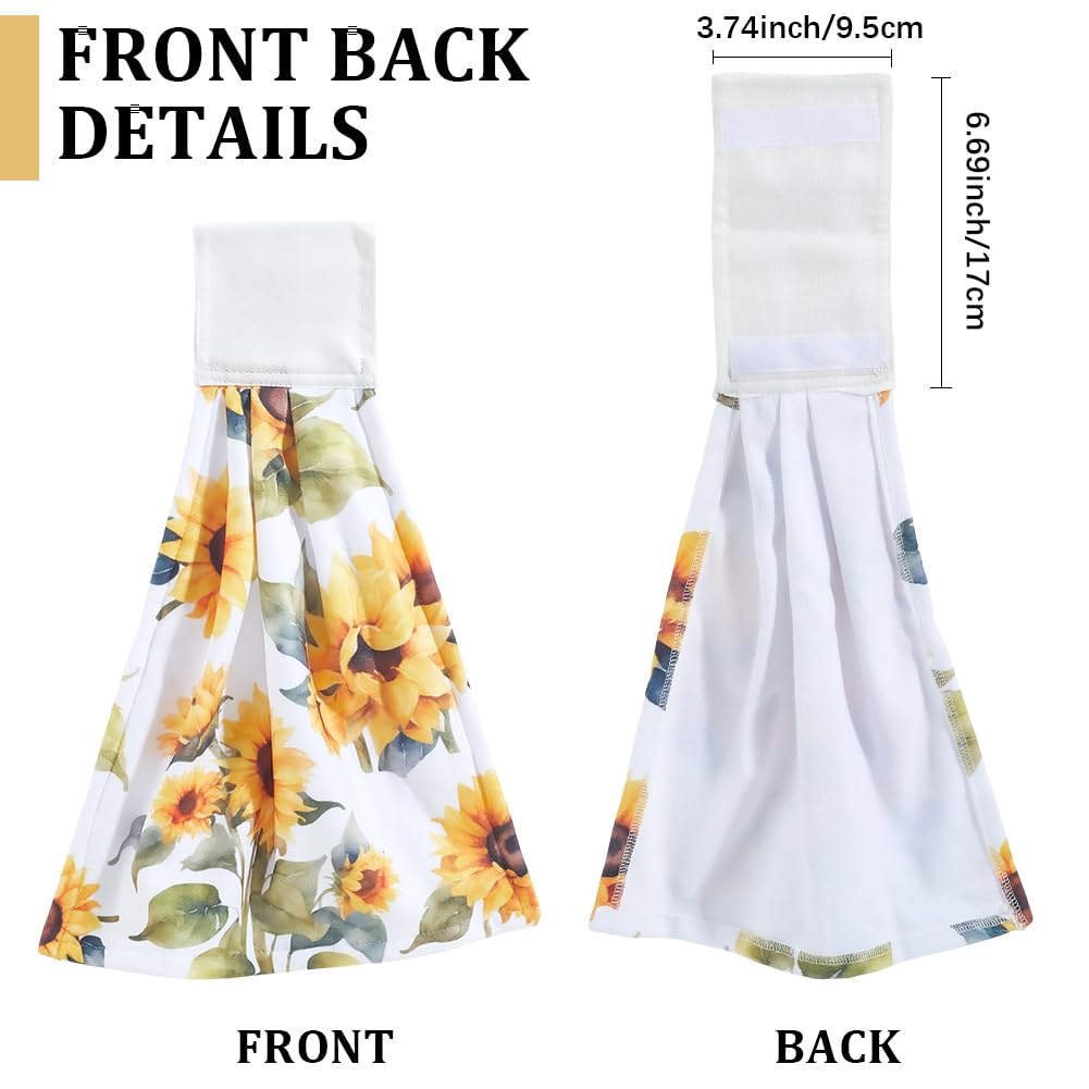 CREATCABIN Sunflower Kitchen Hanging Towel with Hanging Loop Set of 2 Absorbent Kitchen Tie Towels Rustic Dish Cloth Soft Thick Dry Cleaning Hand