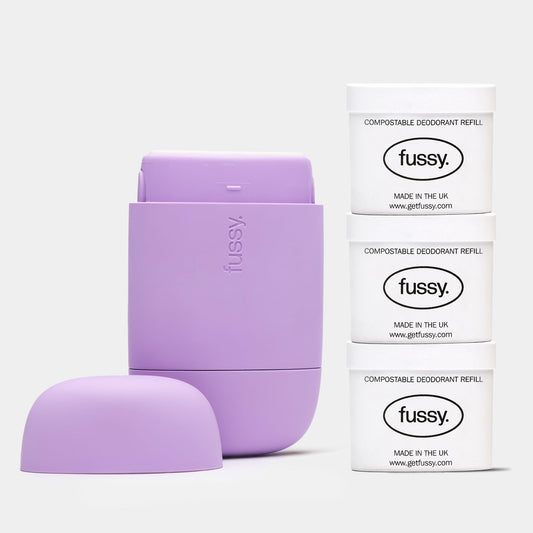 Fussy - Natural Refillable Deodorant - Lilac Case & Variety Refill Pack - Wide Eyed Citrus, Night Tales Flora & Wavy Days Mint - Aluminium Free -