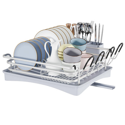 BRIAN & DANY Aluminum Dish Drying Rack, Dish Drainer with Removable Cutlery Holder & Cup Holder, Unique 360 Swivel Spout Drain Board, Grey