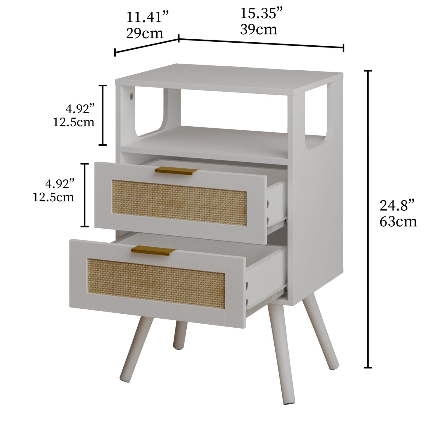 JERX Rattan Bedside Table, Farmhouse Nightstand with 2 Storage Drawer and Open Wood Shelf, for Living Room, Bedroom and Small Spaces