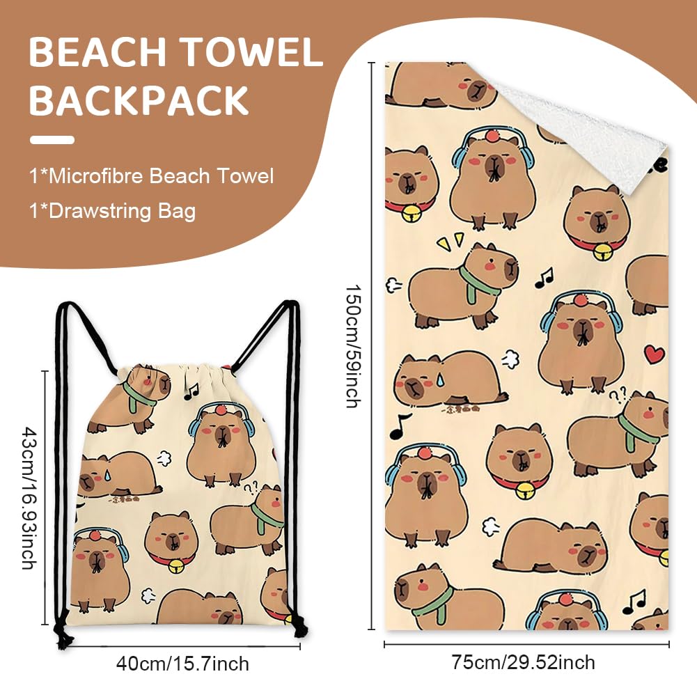 Capybara Microfiber Beach Towel Sand Free Absorbent Extra Large Travel Towels for Adults Kids Microfibre Towels for Adults with Drawstring Bag 2in1