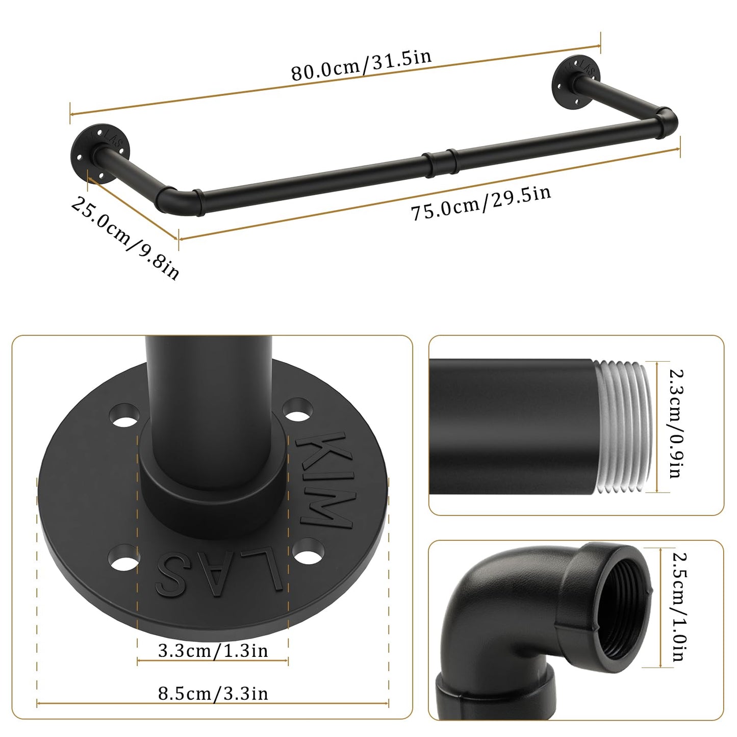Yawinhe Wall Mounted Clothes Rail,80cm Pipe Clothes Rack,1 Pack,Black