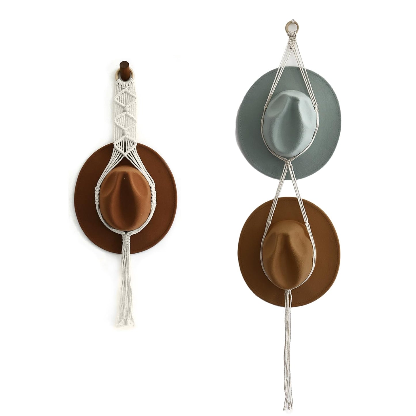 CCAIPU Macrame Hat Rack, Boho Hat Hanger Wall Hanging Hats Organizer for Wide Brim Cap Cowboy Storage for Man and Women (A-2Pcs)