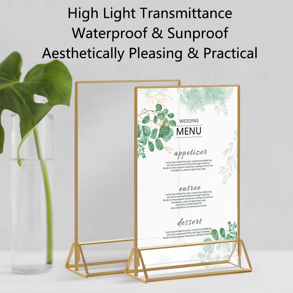 SagaSave 12Pcs Clear Acrylic Picture Table Stand with Gold Frames, 42x127x180mm, Double-sided Display, Gold Frame