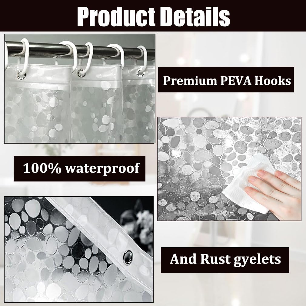 Shower Curtains Mould Proof Resistant,180 x 200 cm,Shower Curtain for Bathroom,Waterproof Heavy Duty Bathroom Curtains,PEVA Cobblestone Shower