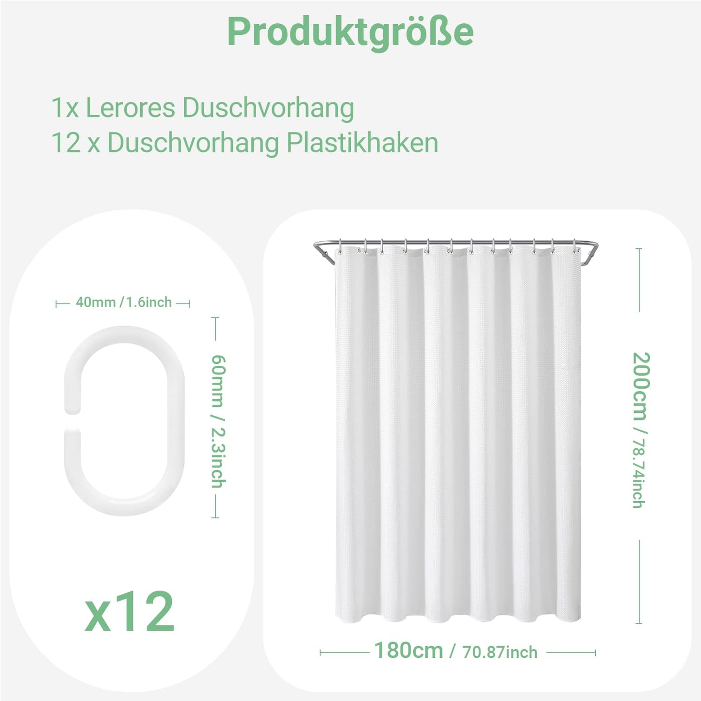 Lerores Shower Curtain, 180 x 200 cm, Waffle White, Weighted Hem, Anti-Mould Textile, Water-Repellent
