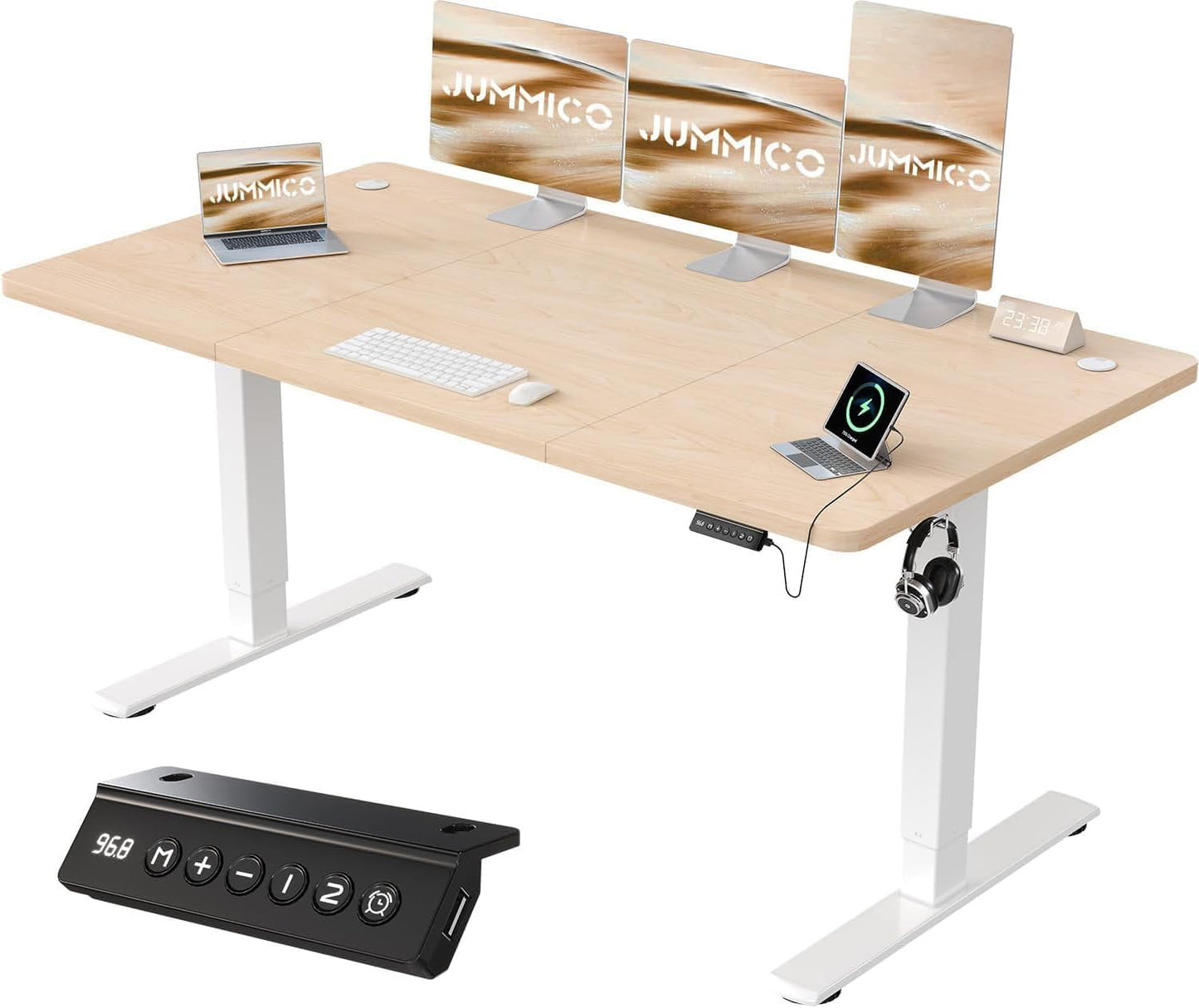 JUMMICO 160x70cm Electric Standing Desk with USB Charging Height Adjustable Desk with Sedentary Reminder Stand Up Desk with Splice Board for Home