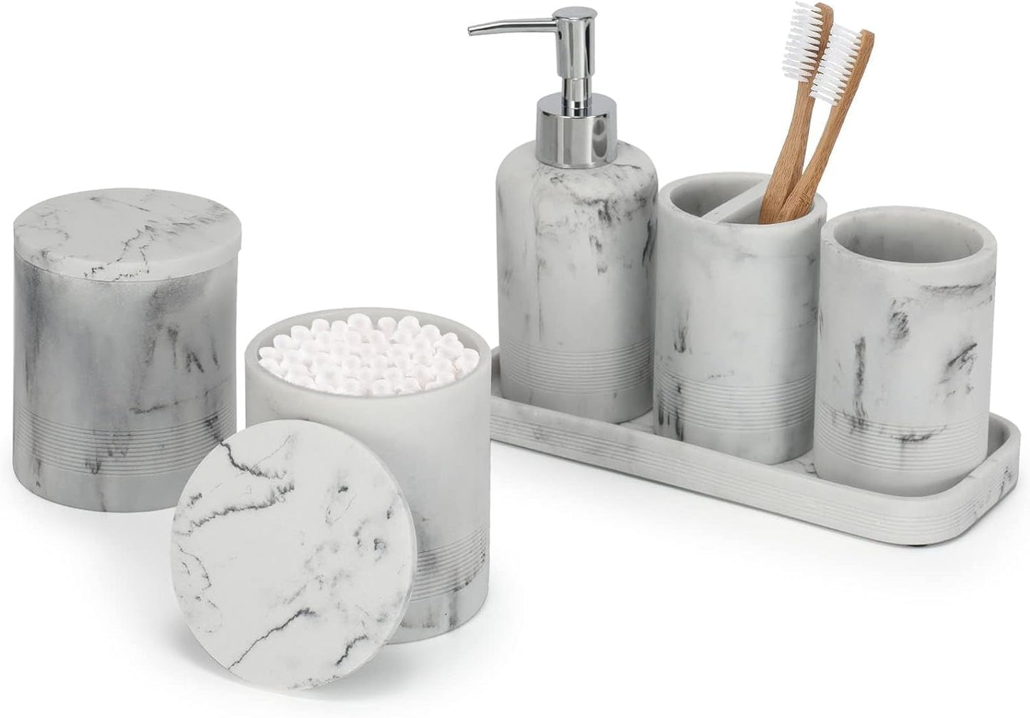 ZCCZ White Bathroom Accessory Set 6 Pieces - Organiser With Toothbrush Holder, Lotion Soap Dispenser, Vanity Tray and 2 Q-tip Holders