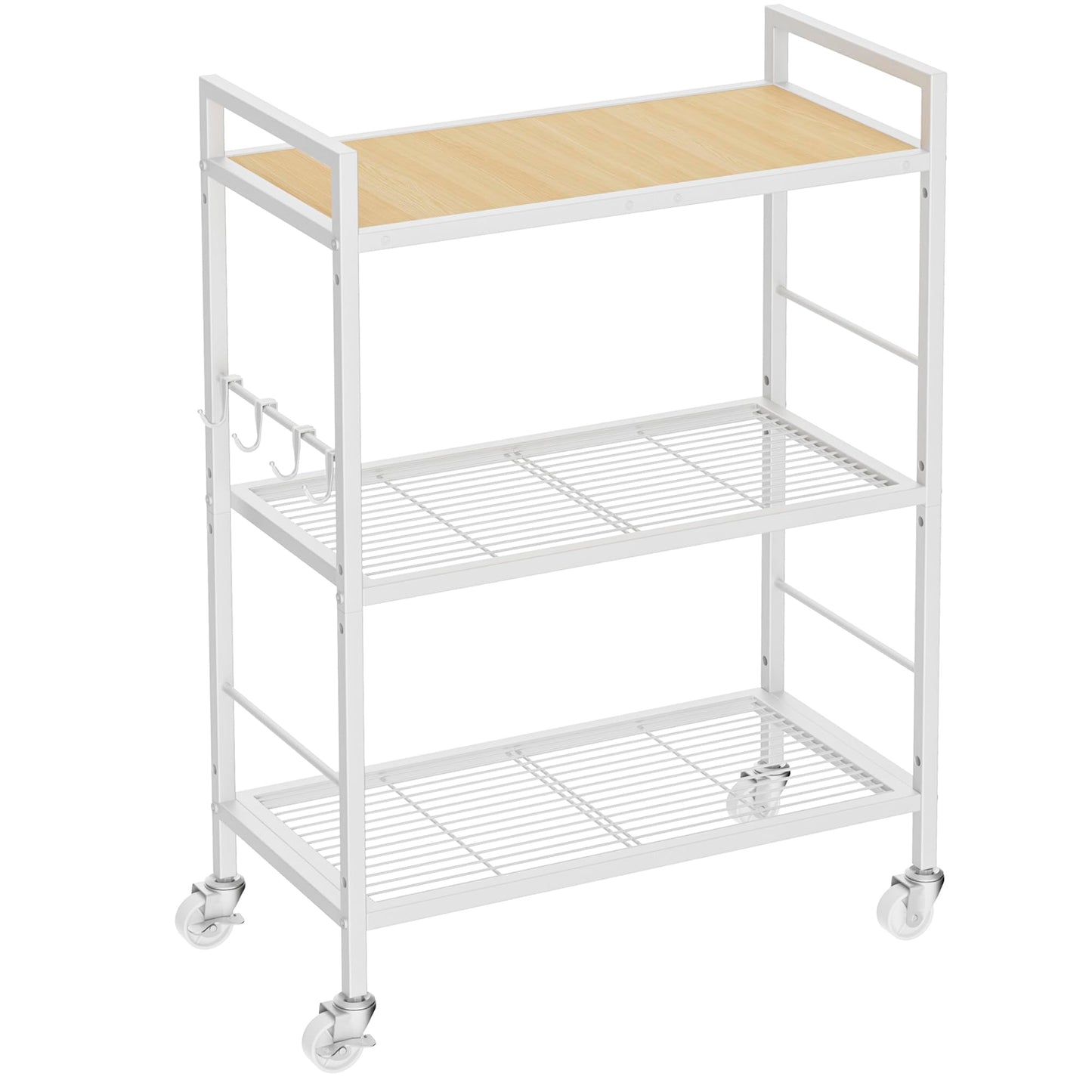 3-Tier kitchen trolley,Oak Wood Top,60W×30Dcm,4 Hooks, Adjustable Shelves