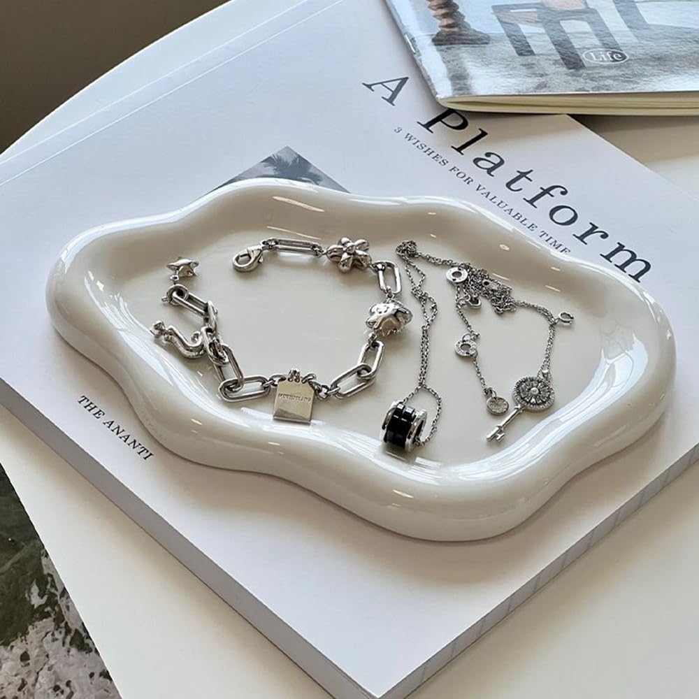 NatureMan Ceramic Jewelry Dish,Jewelry Tray Trinket Dish,Irregular Cloud Shape Decorative Jewelry Plate Holder Room Decor Aesthetic Gift (White)