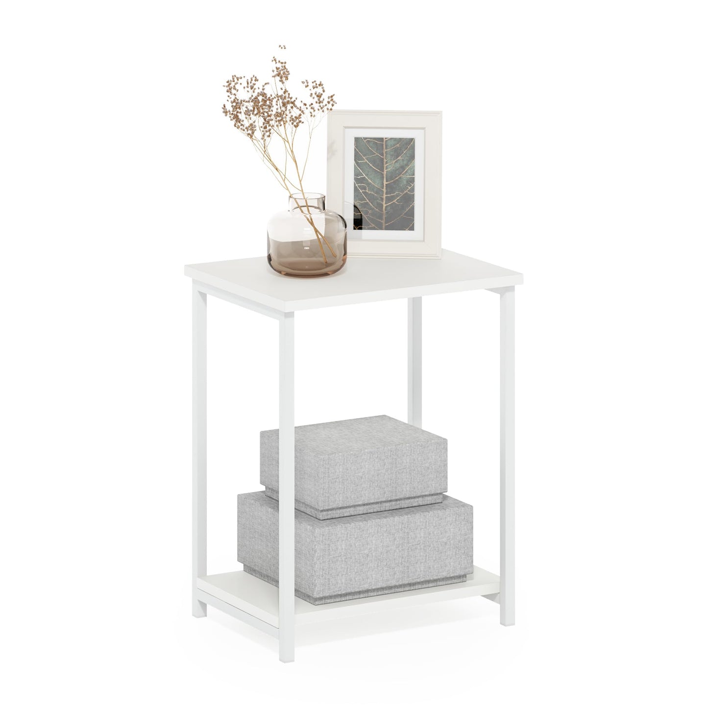 Furinno SIMPLISTIC Side Table, 2-Tier Metal Frame End Table with Open Shelf, Night Stand, Bedside Table, for Living Room, Bedroom, White