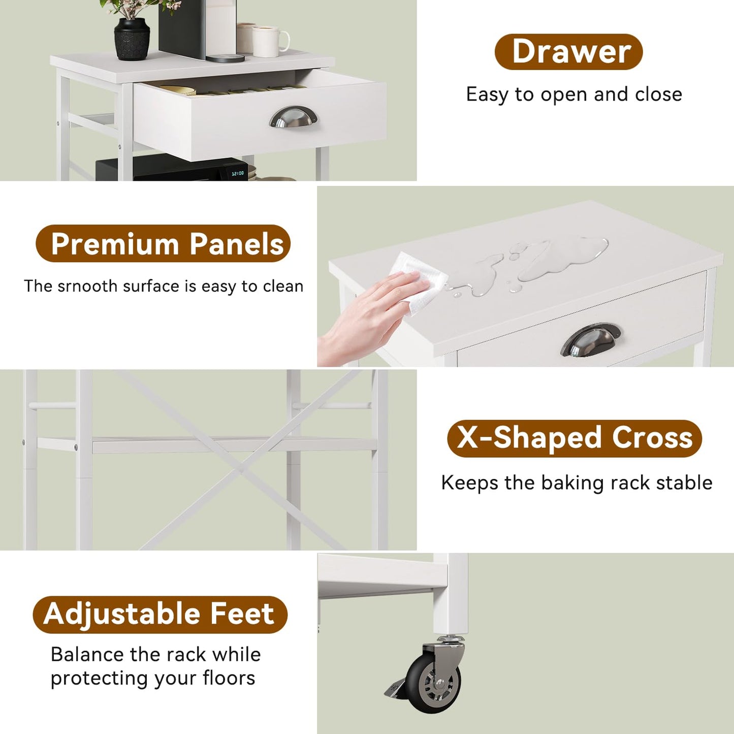 IBUYKE Kitchen Bakers Rack with Drawers,3-Tier Microwave Oven Stand with Storage, Coffee Bar Table with Wheels,Adjustable Shelf,Simple Assembly,White
