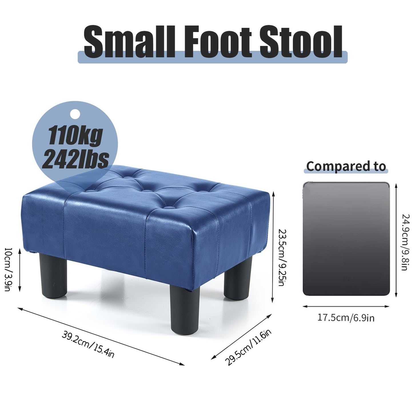 BRIAN & DANY Small Foot Stool, Faux Leather Footstool with Legs, Footstools for Living Room, Ottoman Footrest Extra Seating for Entryway, Blue