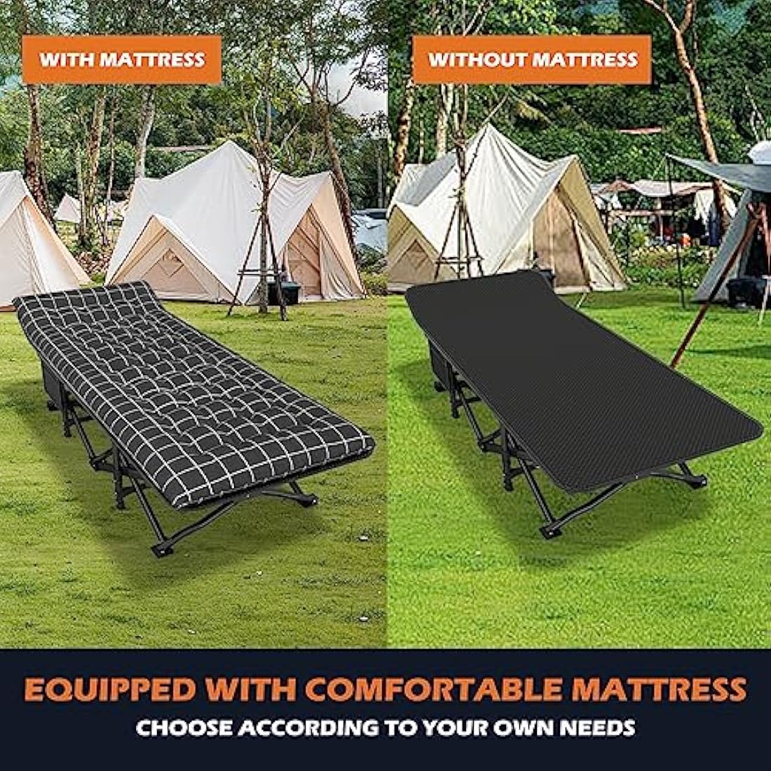 ATORPOK SHOP Camp Beds for Adults with Cushion, Comfortable Travel Camping Cot for Sleeping, Portable Tent cot with Carry Bag Supports 450 lbs (Black)