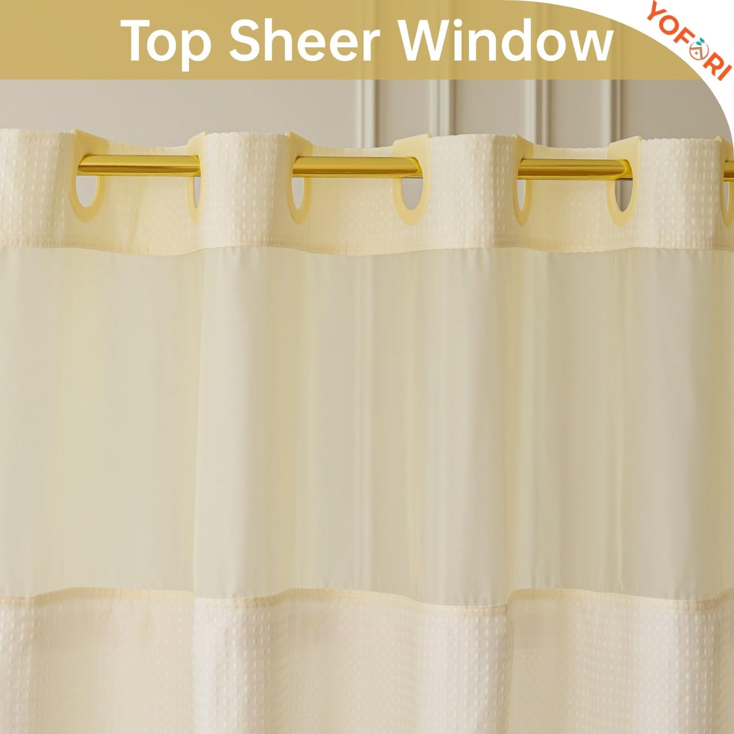Yofori Hookless Shower Curtain with Snap in Fabric Liner Set, Waffle Shower Curtain with See Through Top Window Wet Room Shower Curtains for Bathroom