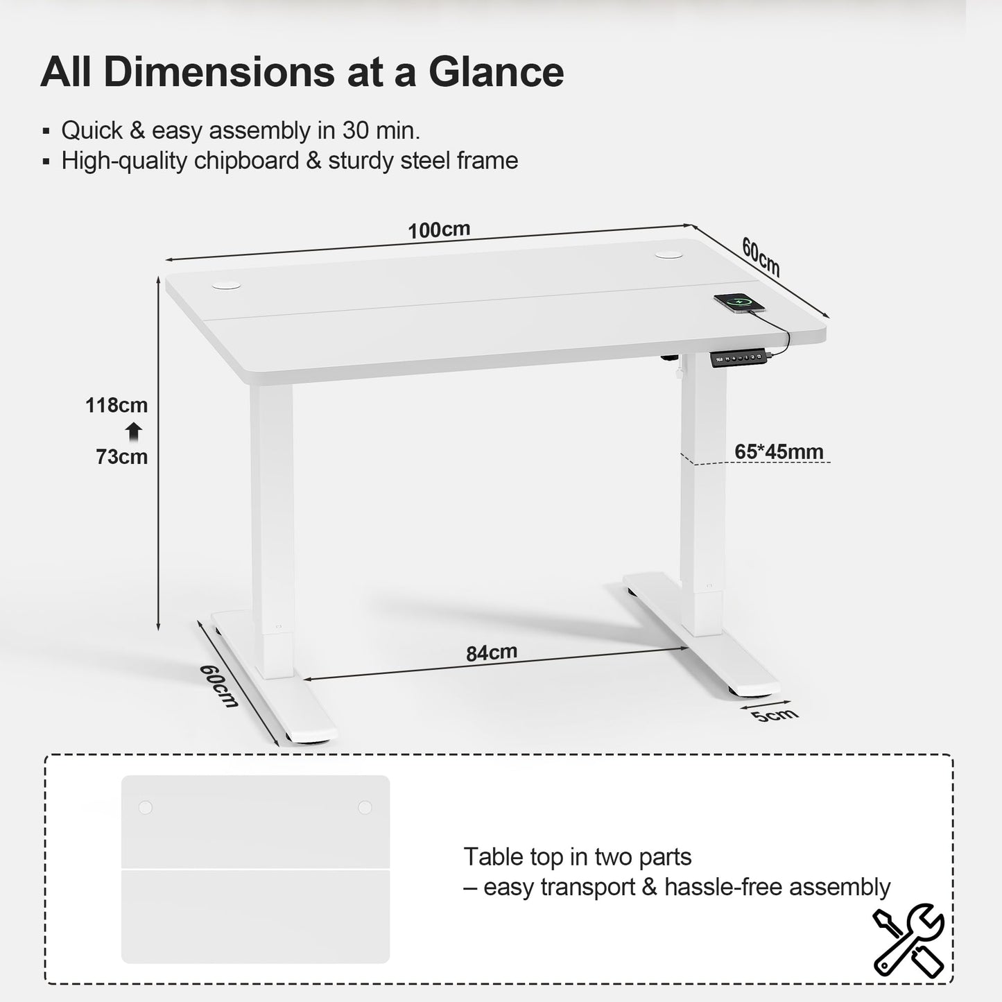 JUMMICO Electric Standing Desk 100x60cm – Height Adjustable with USB Charging, Sedentary Reminder, Memory Heights for Home Office Use, White
