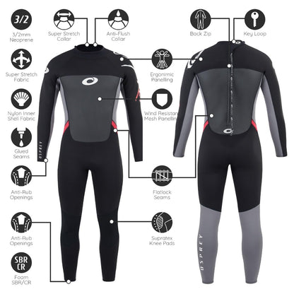 Osprey Men's Full Length 3 mm Summer Wetsuit, Adult Neoprene Surfing Diving Wetsuit, Origin, Red, L