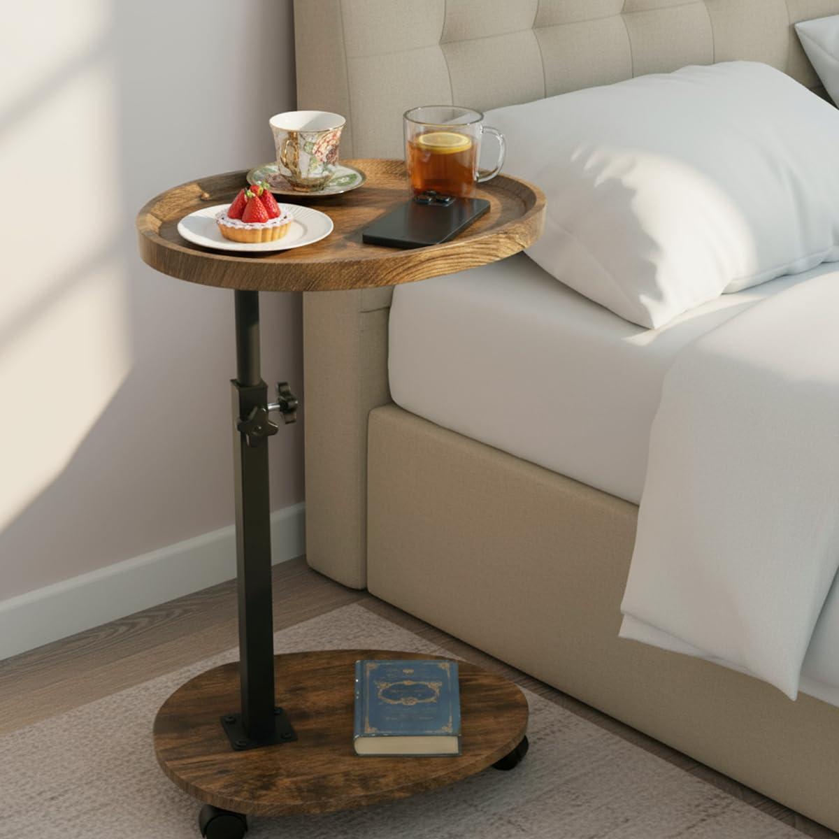 Kiss Me C Shaped Side Table, Height Adjustable End Table with 4 Wheels