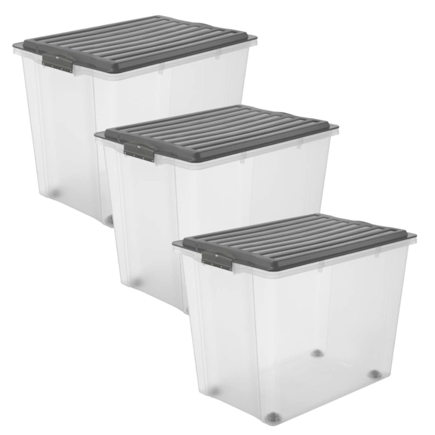 Rotho Compact Set of 3 Storage Boxes with Lid and Castors 70 Litre, Plastic (PP) BPA-free, Anthracite/Transparent, 3 x 70 Litre