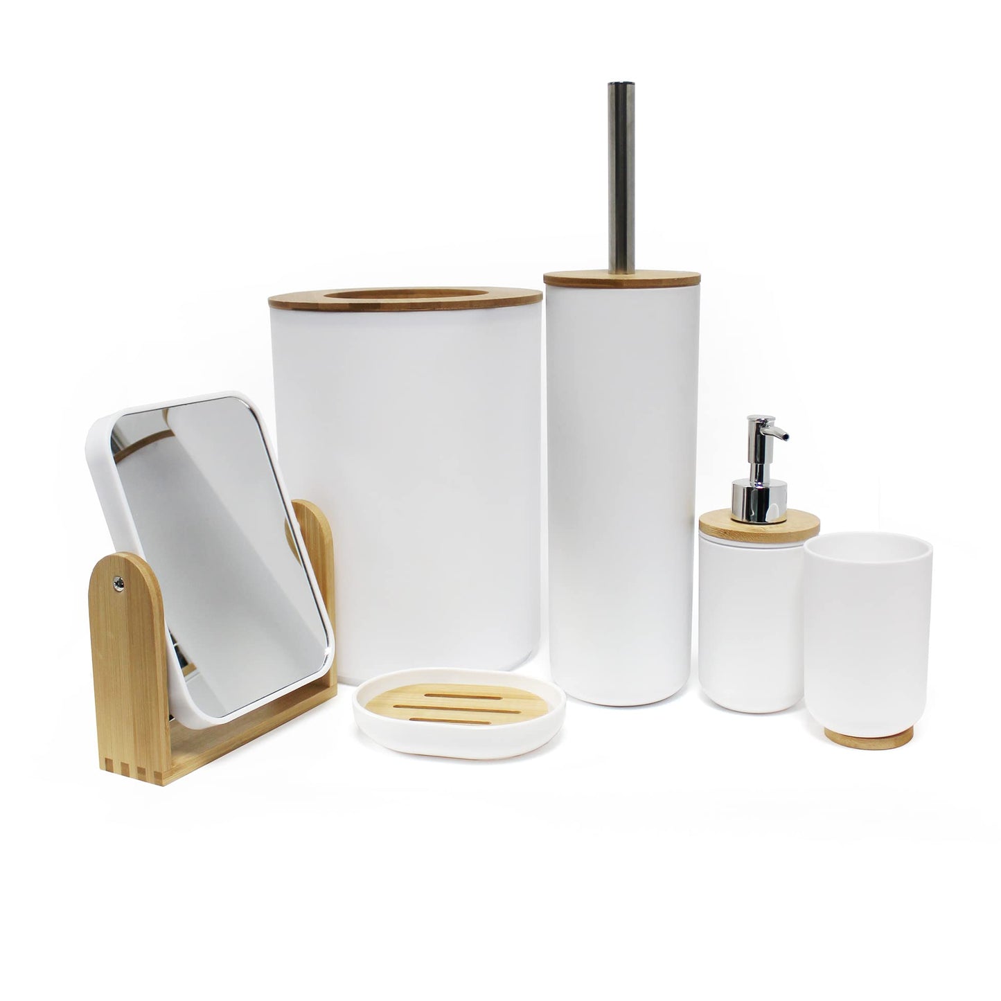 douceur d'intérieur, Soap Dispenser (Diameter 7 x 17.5 cm) Smart White, Polystyrene Bamboo Finish