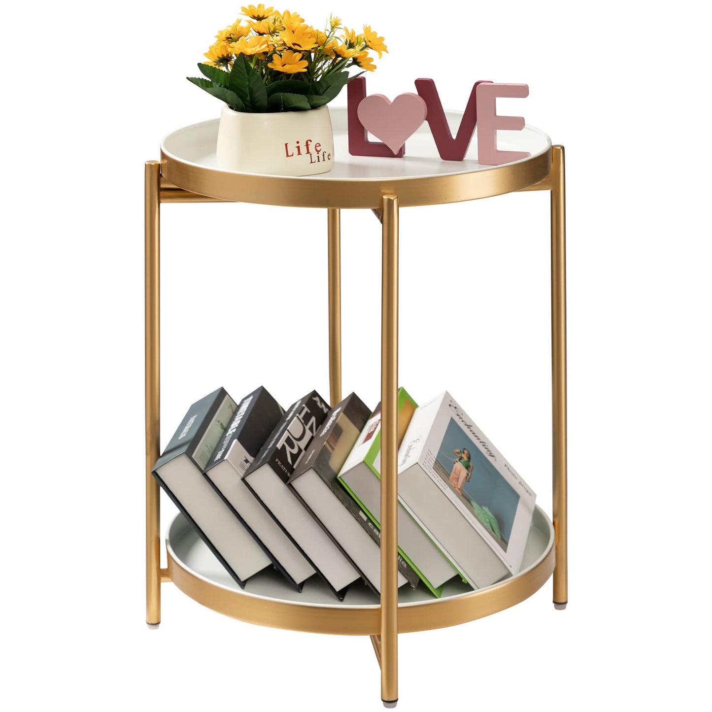 danpinera 2 Tier Gold Side Table, Folding Round Metal End Table Small Nightstand with Two Removable Tray for Bedroom Living Room Bedside Small Spaces