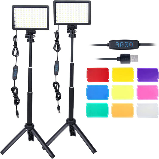 2Packs LED Video Light Kit with Adjustable Tripod Stands,Dimmable 10000K USB Video Photography Streaming Lighting with 9 Color Filters for Low-Angle
