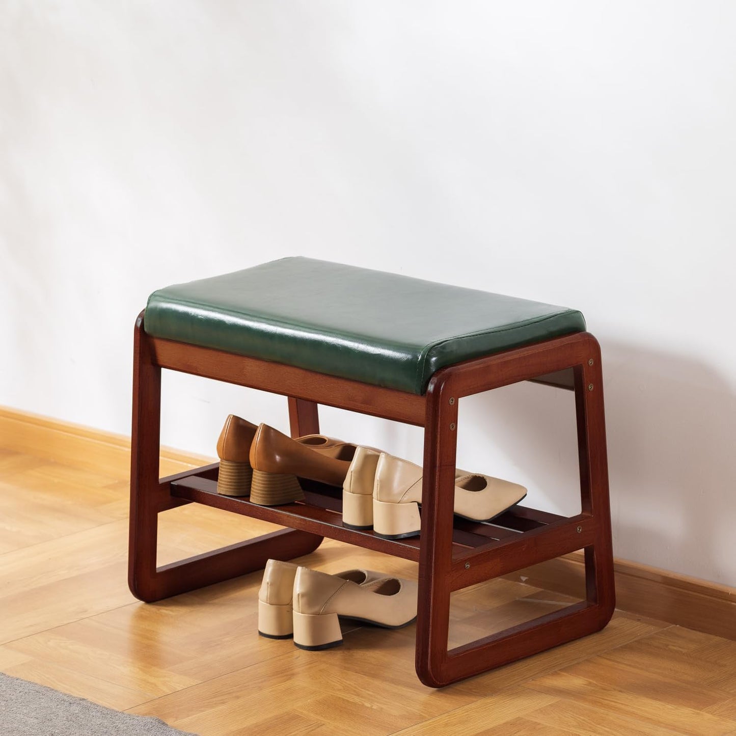 SOBIBO Solid Wood Shoe Bench, 2-Tier Wooden Storage Entryway Bench, Mid-Century Modern Shoe Bench Rack