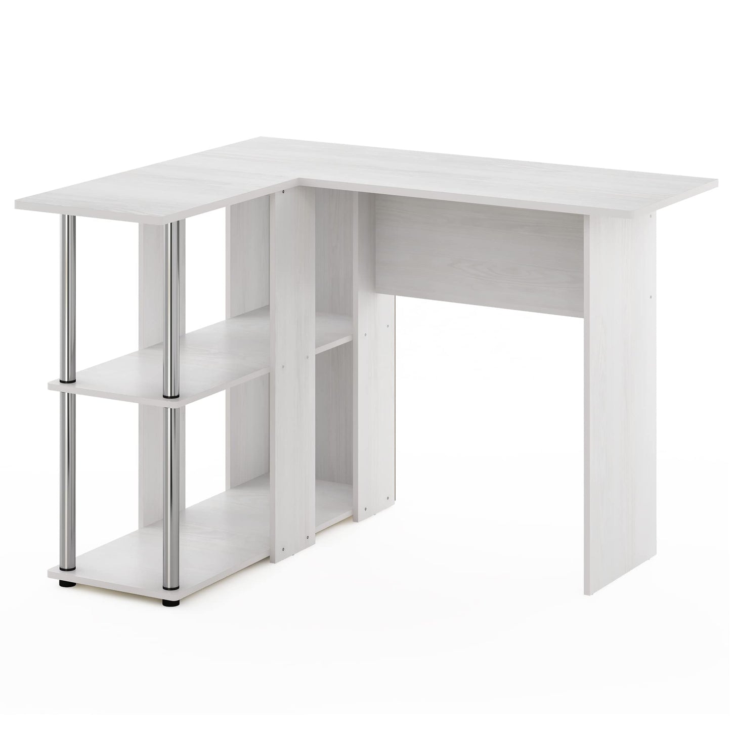 Furinno L-Shape Desk with Bookshelf, Engineered Wood, White Oak/Chrome, 104.5 (W) x 73.51 (H) x 87.5 (D) cm