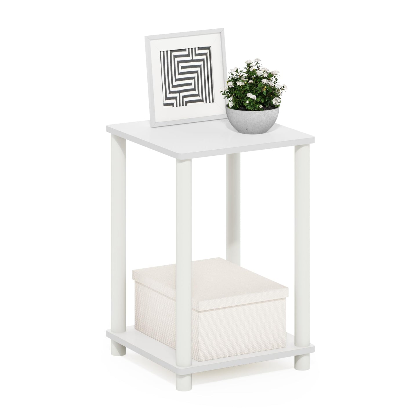 Furinno TURN-N-TUBE Side Table, 2-Tier End Table with Open Shelf, Toolless Night Stand, Bedside Table, for Living Room, Bedroom, White/White