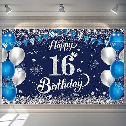 Yontree Happy 16th Birthday Banner - Navy Blue & Silver Birthday Backdrop 1.1 x 1.8m for 16 Years Old Anniversary Party