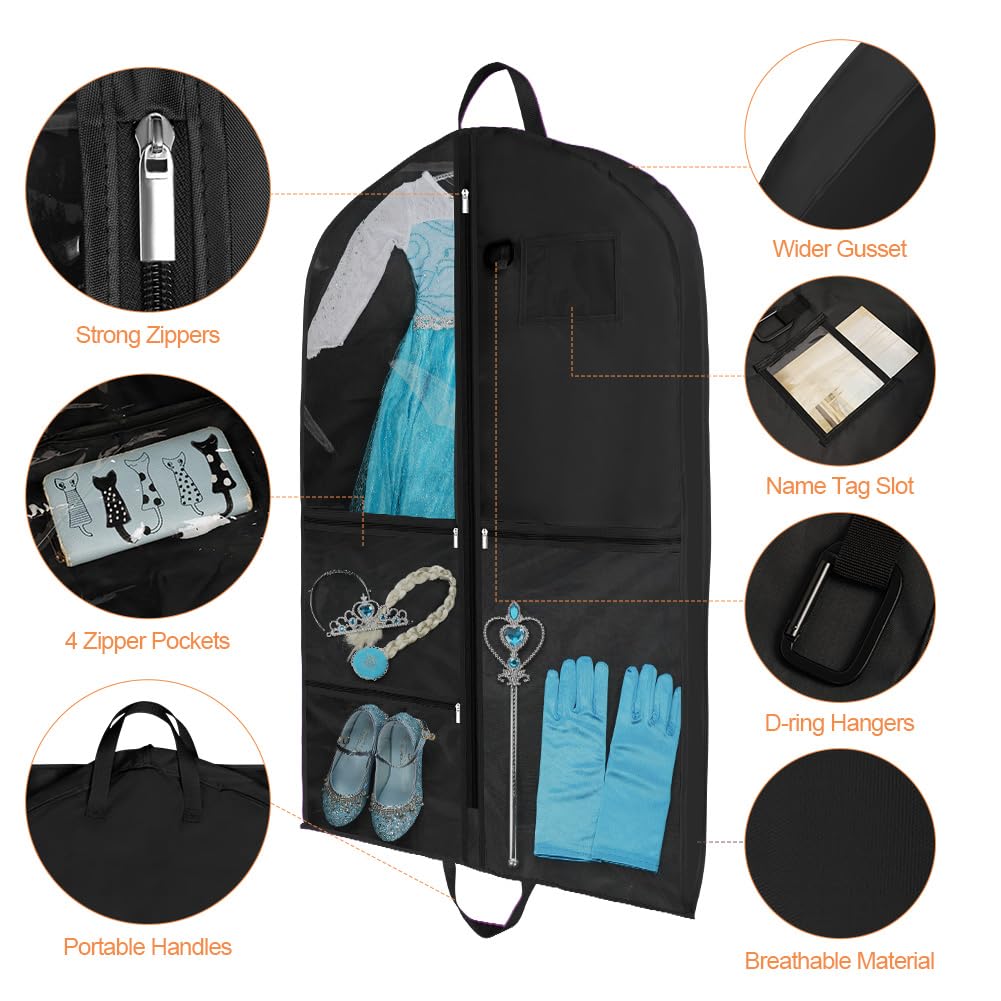 OSDUE Clothes Covers, 40 inch WaterproofHanging Garment Bags with 5 Zipper Pocket and ID Slot Pockets Foldable Kids Dance Costume Garment Bag Travel