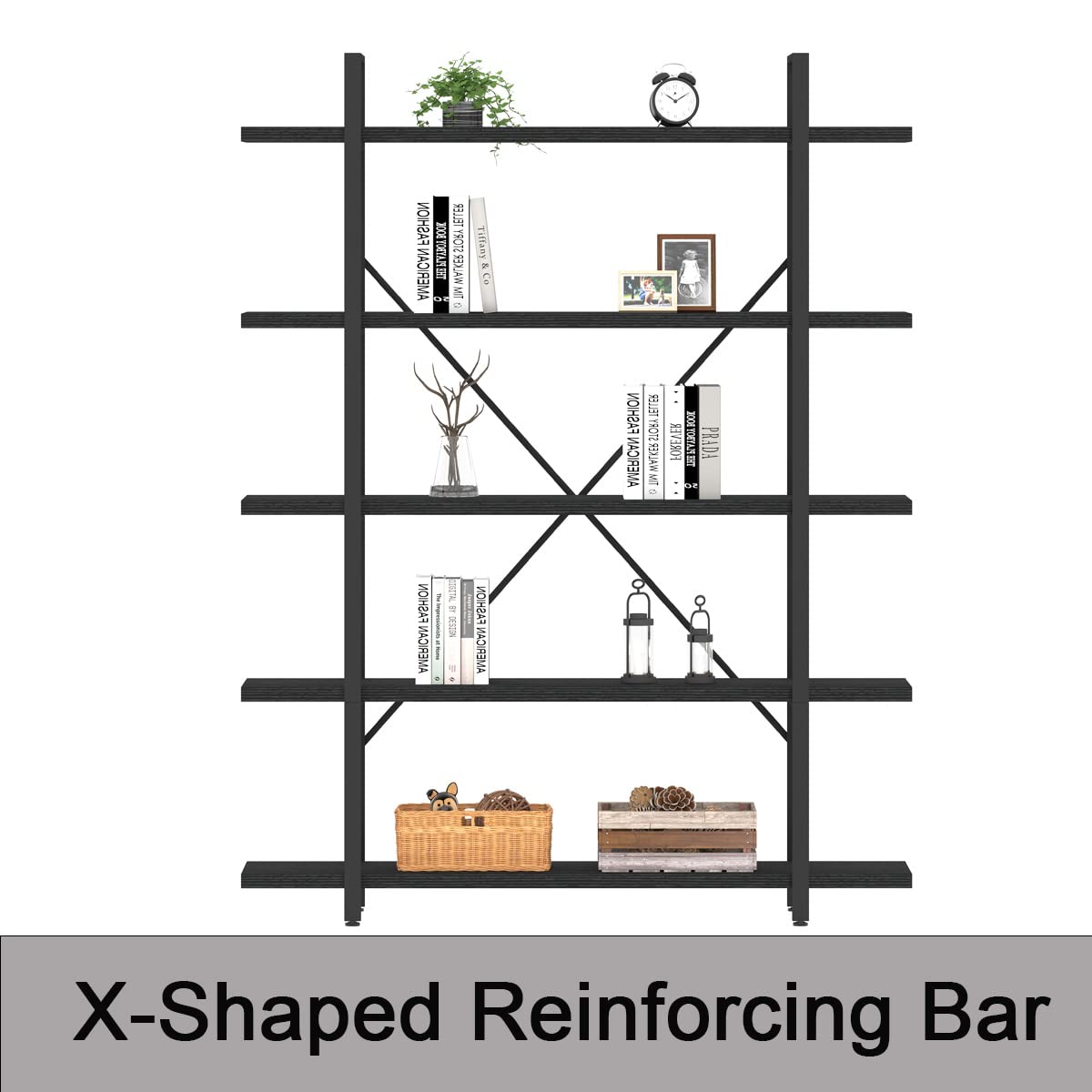 HSH 5 Tier BookShelf Farmhouse Storage Bookcases Modern Shelf Black Oak