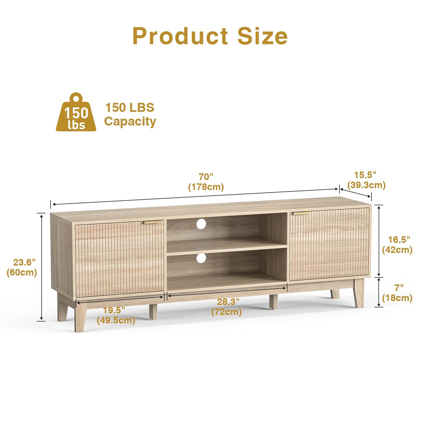 Skokliz TV Unit, 178cm Fluted TV Stand Cabinet, Mid-Century Modern TV Console for TVs up to 80 inch, Farmhouse TV Cabinets with 2 Storage