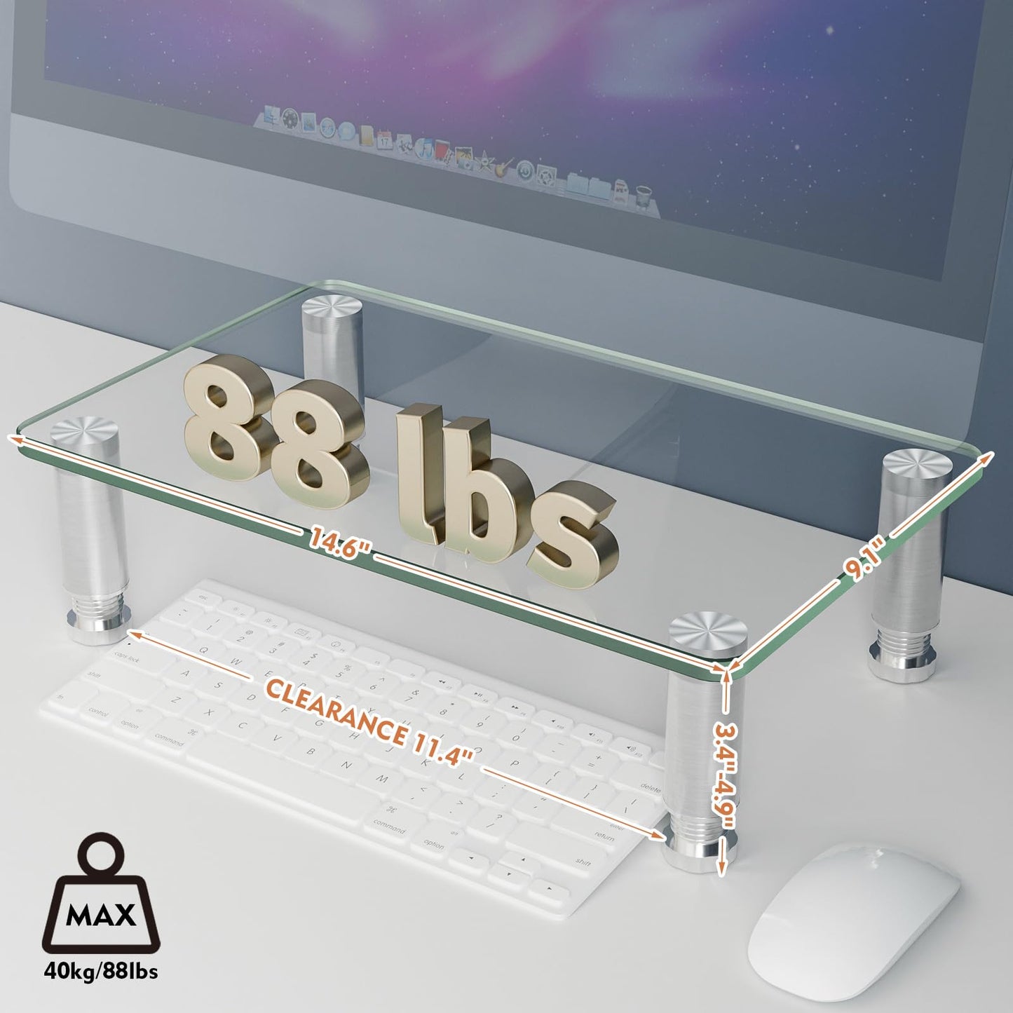 Hemudu Clear Tempered Glass Computer Monitor Riser with Height Adjustable Multi Media Desktop Stand for Flat Screen LCD LED TV