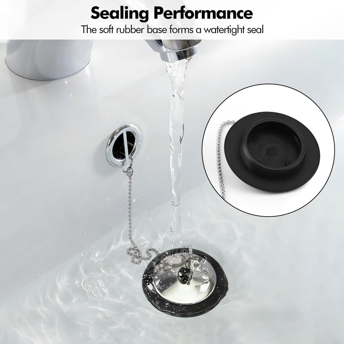 Lunhoo 1 Pack Universal Bath Plug, Drain Stopper with Stainless Steel Chain, 43mm Bath Plug replacement for Kitchen, Under Sink, Bathroom