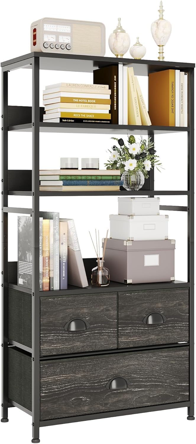 VERMESS 4-Tier Industrial Bookshelf with 3 Fabric Drawers, Storage Shelf, Bookcase with Doors, Adjustable Free Standing Display Shelf