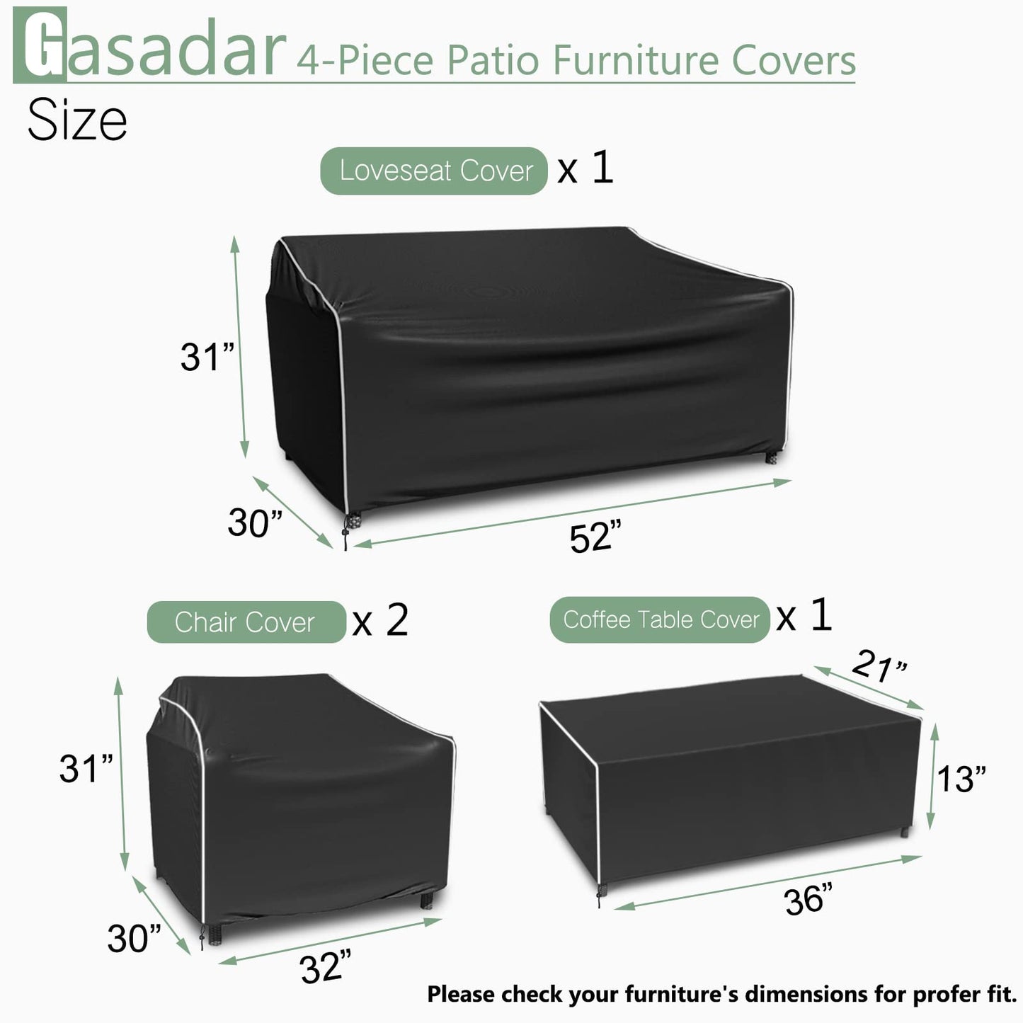 Gasadar Patio Furniture Covers 4 Piece, Waterproof Outdoor Furniture Covers, Patio Furniture Set Covers -Black