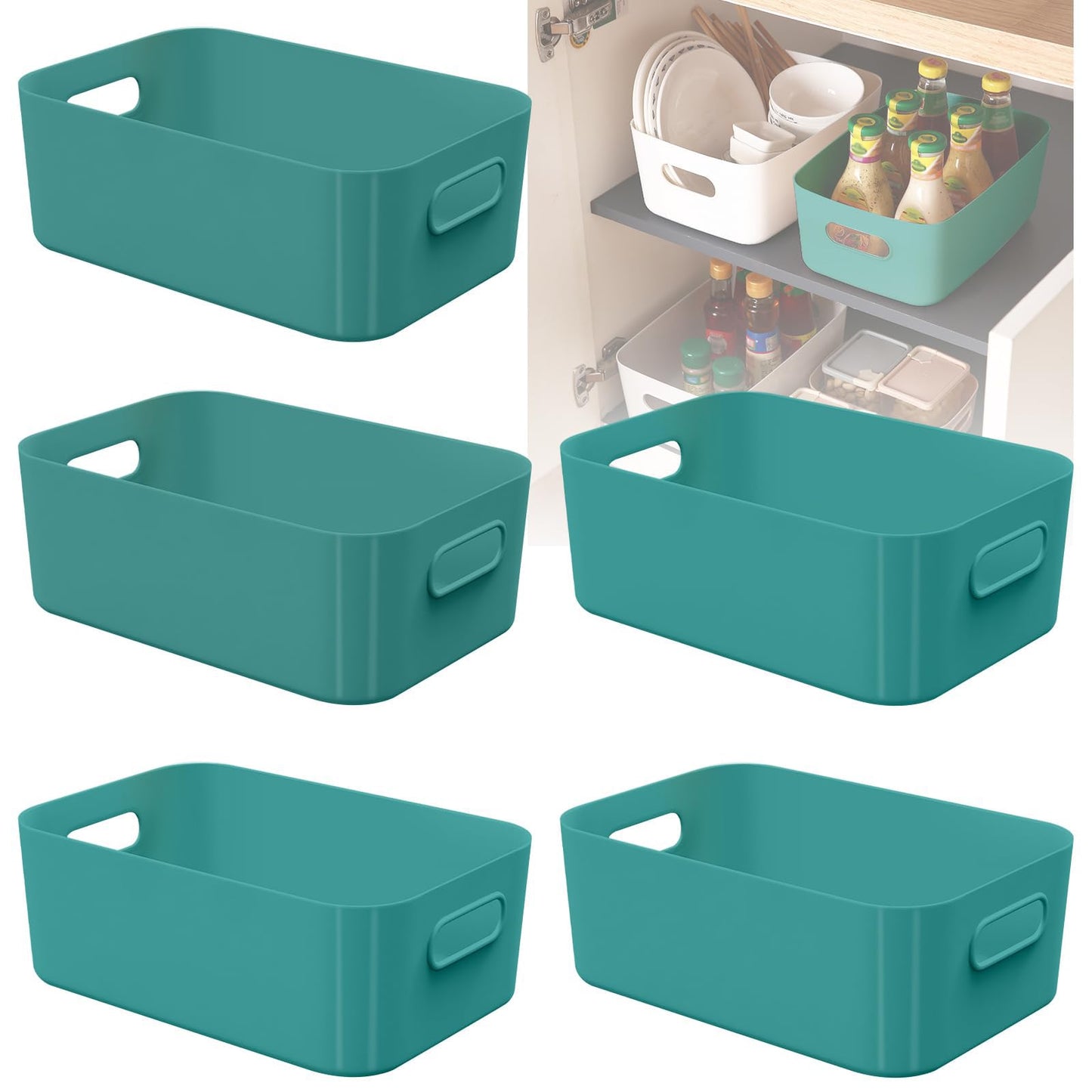 W&H 5 PCS Green Plastic Storage Boxes with Handle, Small Storage Baskets, Rectangular Home & Kitchen Organiser, Cupboard Boxes for Shelves, Bathroom
