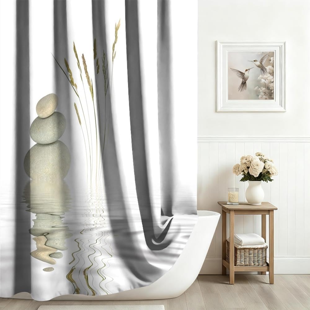 Xiaoterna Spa Garden Shower Curtain Wild Grass Reflection in Water Meditation Bathroom Curtain Rustic Spa Stone Water White Shower Curtain Machine