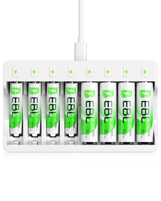 EBL 8 Slots LED Individual Battery Charger AA AAA NiMH with 5V 2A Fast Charging Function, including 4 x Rechargeable Battery AA and 4 x AAA