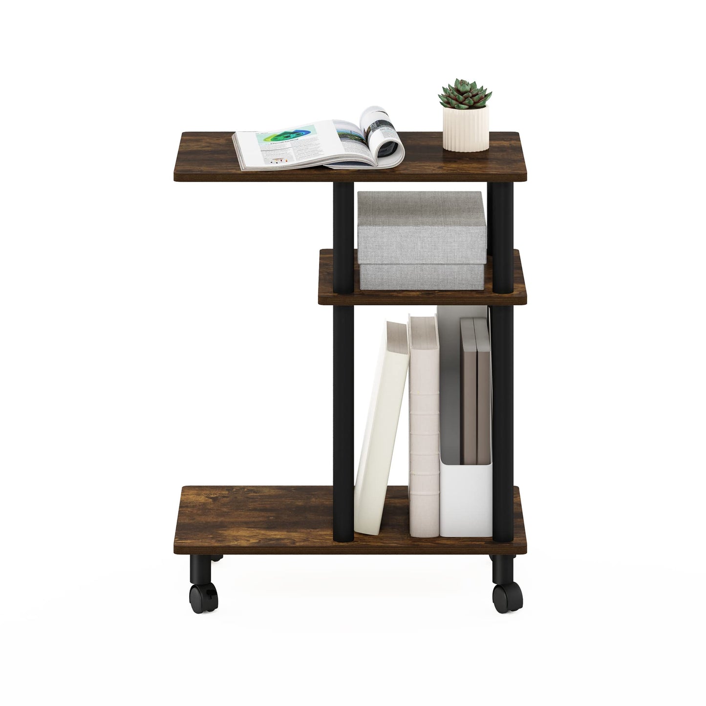 Furinno TURN-N-TUBE Side Table, 3-Tier C-Shape End Table with Wheels, Toolless Assembly Night Stand, Bedside Table with Open Shelf, for Living Room